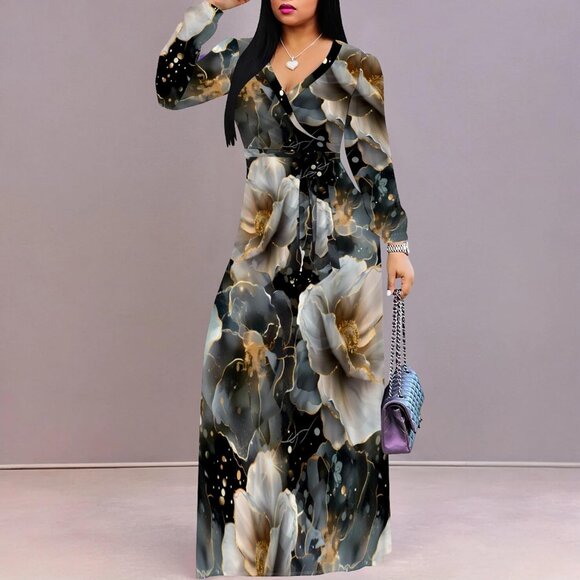 Plus Size Floral Maxi Dress Long Puff Sleeves Belt Casual Elegant Dress - Picture 5 of 7